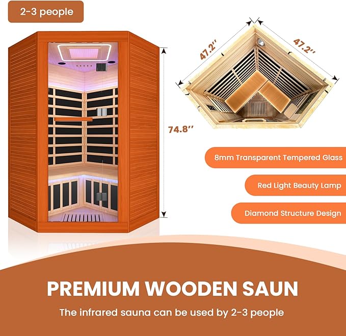 2-3 Person Sauna Corner Sauna Far Infrared Saunas Room Home Canadian Hemlock Indoor 2100W Low-EMF Dry Saunas with Red Light Therapy Beauty Lamp 47.2 * 47.2 * 74.8inch