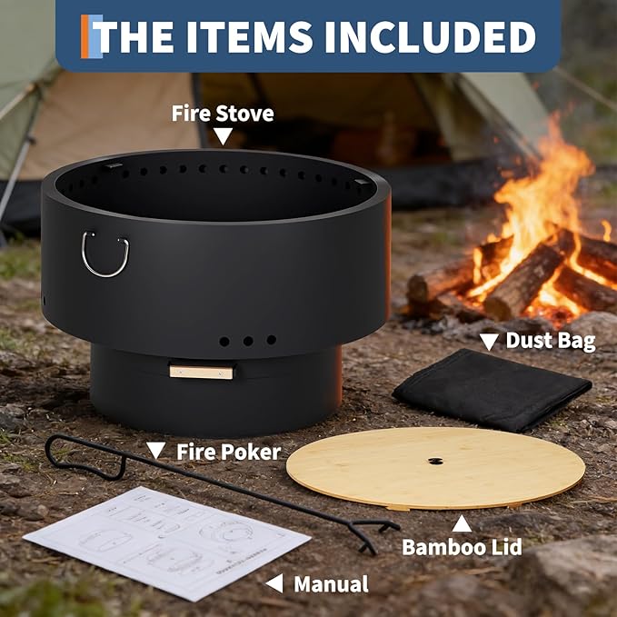 Garvee 30 in Smokeless Fire Pits, Wood Burning Firepits with Fire Poker, Outdoor Portable Fire Pits with Removable Ash Pan and Hardwood Top, Backyard Fireplace for Camping, Picnic