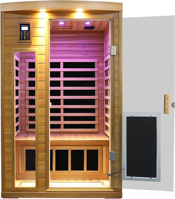 2 Person Low EMF Infrared Sauna for Home, Red Cedar Wood Far Infrared Saunas, 1750watt Indoor Personal Sauna Room with Door Heating Panels, Glass Door, Blue-tooth, Dual Control, Outdoor Lamps