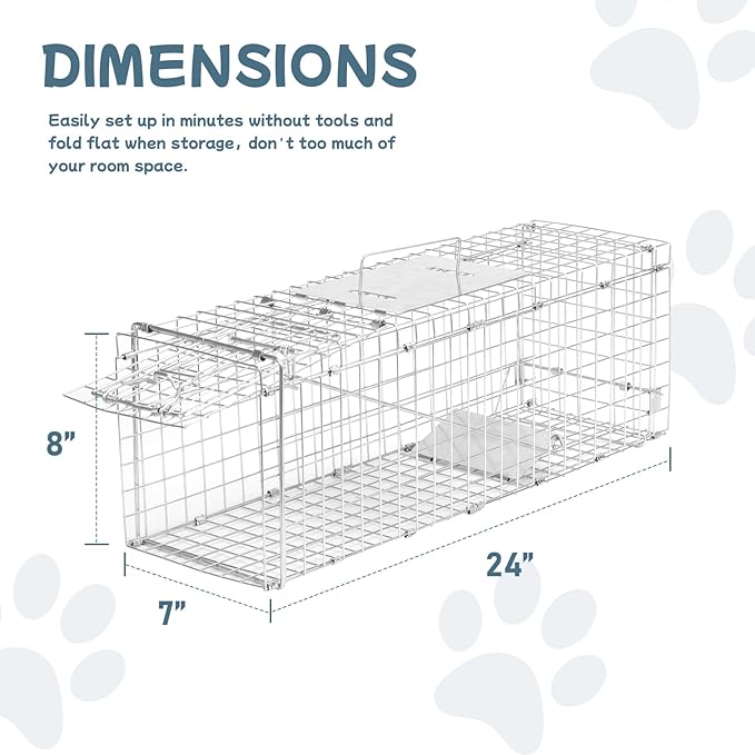 Animal Trap 24"x8"x7" Cage Trap, Heavy Duty Folding Raccoon Traps, Humane Cat Trap for Stray Cats,Rabbits,Squirrels,Outdoor Small Animal Trap,Humane Catch & Release