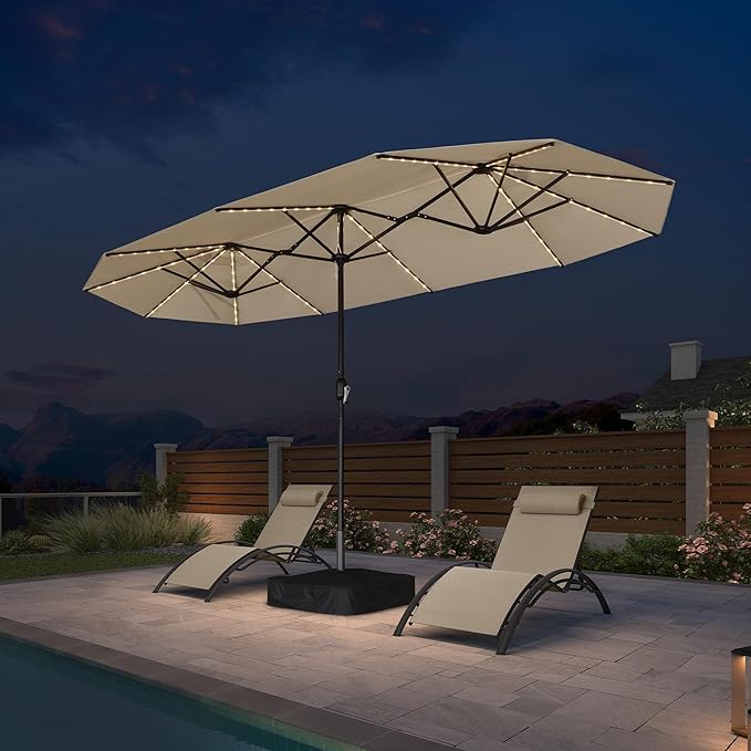 PURPLE LEAF 13ft Patio Market Umbrella with Solar LED and Base Double-Sided Rectangle Outdoor Table Sun Umbrellas with Crank for Pool Beach Deck Backyard Khaki