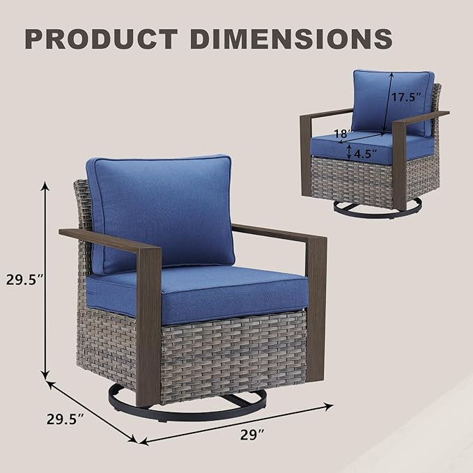 Rilyson Outdoor Patio Swivel Rocker Chairs - Wicker Rattan Patio Swivel Rocking Chairs Set of 2 with Metal Wide Armrest, Thick Cushions and Deep Seating for Deck Porch Sunroom Garden(Mixed Grey/Blue)
