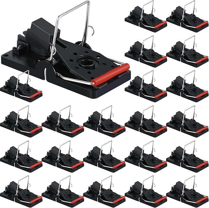 Qualirey 24 Pcs Mouse Traps Plastic Snap Rat Trap Bulk Reusable Quick Effective Safe for Indoor Outdoor Home House Warehouse Garden Kitchen 3.86 x 1.81 x 2.17 Inch (Black,Red)