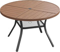 VICLLAX Round Patio Dining Table, 4 Person Metal Outdoor Dining Table with Umbrella Hole and Storage Shelf for Garden Lawn Deck, 40.6" Walnut