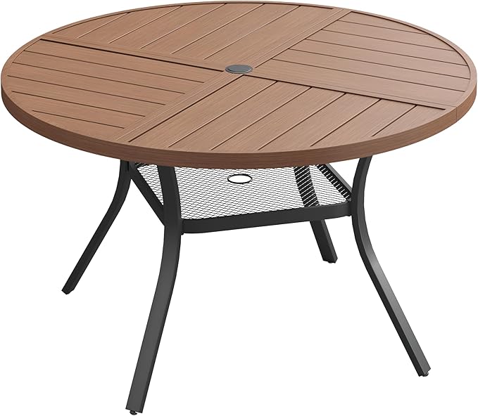 VICLLAX Round Patio Dining Table, 4 Person Metal Outdoor Dining Table with Umbrella Hole and Storage Shelf for Garden Lawn Deck, 40.6" Walnut