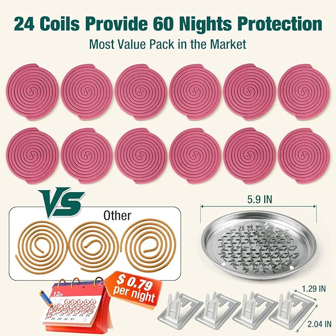 Extra Strong Mosquito Repellent Coils, 24 Pack Large Outdoor Coils Insect Repellent DEET Free, 6-Hour Protection Covers 12ft, Safe & Effective for Yard, Patio, Camping, Garden, Deck & BBQ Areas