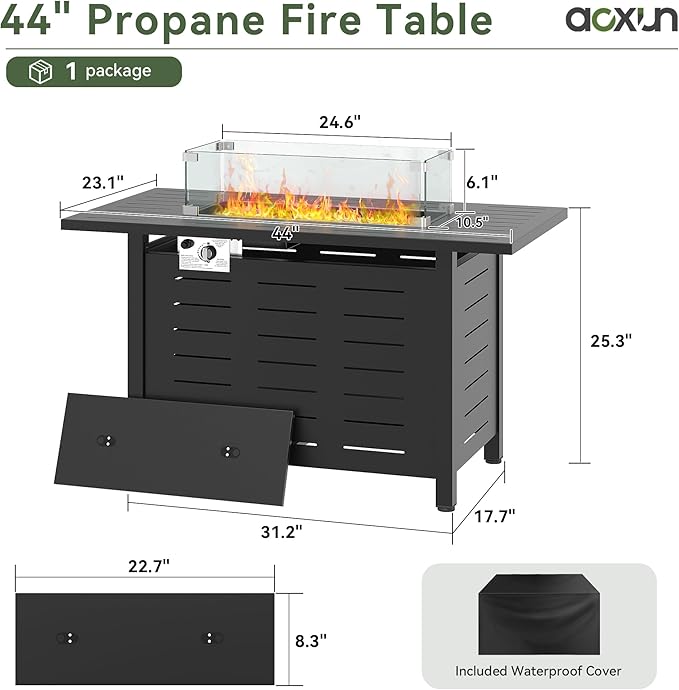 Aoxun 44" Propane Fire Pit Table– 60,000 BTU Outdoor Gas Fire Pits with Removable Lid & Waterproof Cover, Lava Rocks Rectangle Gas Firepit Table for Outside Patio Black