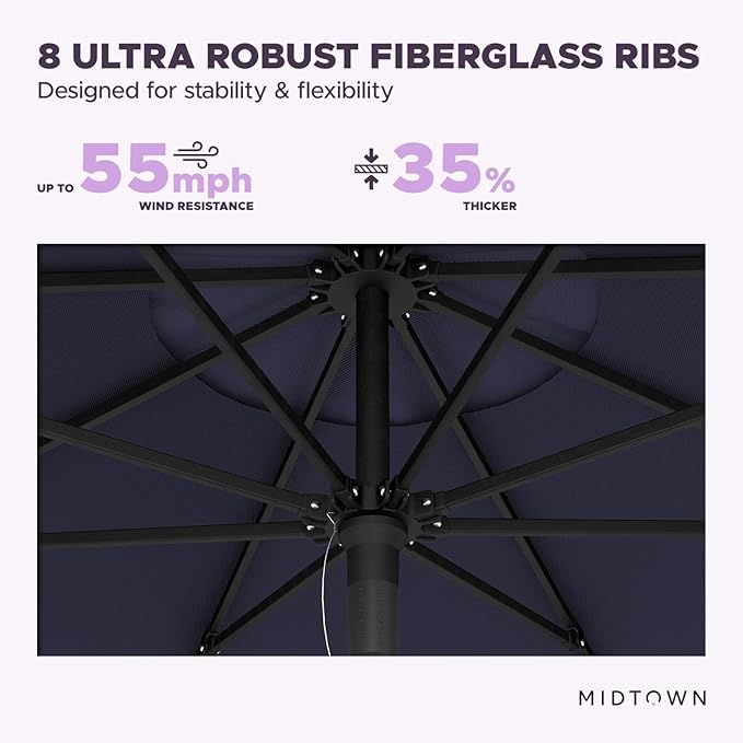 Midtown Umbrellas Push Pop Sunbrella Umbrella 9 Feet Outdoor Umbrella in Canvas Navy Fabric - Patio Umbrella, Backyard Umbrella, Garden Umbrella, Picnic Table Umbrella & Pool Umbrella - Black Pole