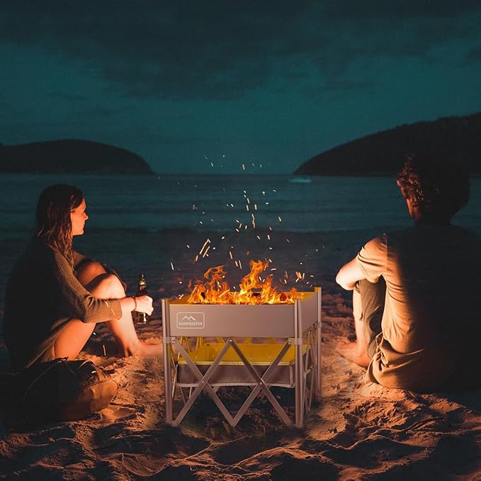 KAMPKEEPER Portable Fire Pit, Outdoor Tabletop Firepit 18 Inch, 304 Stainless Steel Wood Burning Fireplaces, Collapsible Pop Up Fire Pit for Outside, Included Heat Shield for Leave No Trace Fires