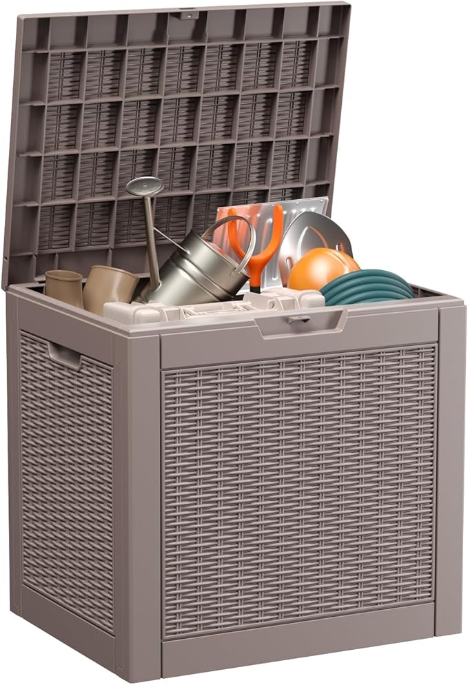 31 Gallon Deck Box Large Outdoor Storage for Patio Furniture,Outdoor Cushions,Garden Tools and Pool Supplies,Waterproof,Resin,Lockable(Grey)