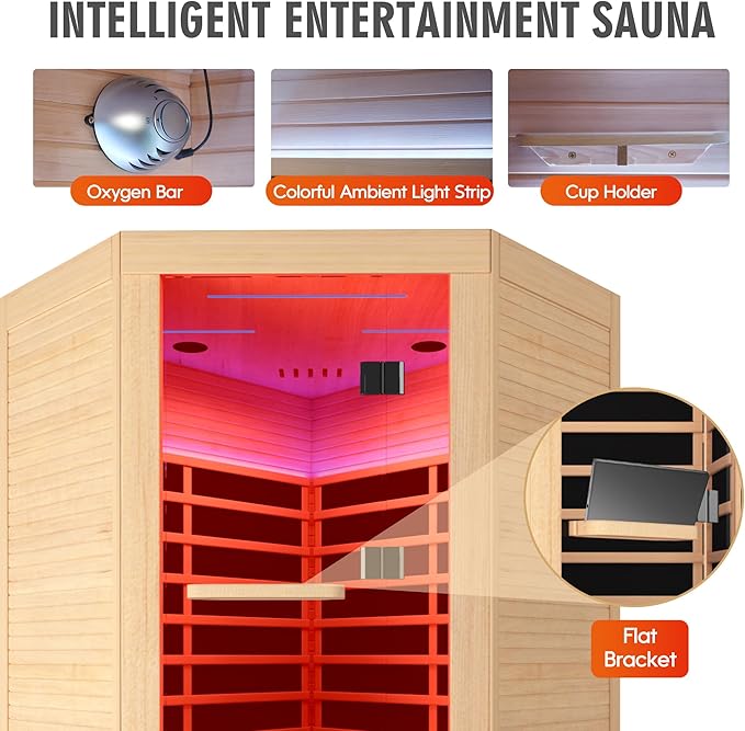 2-3 Person Sauna Corner Sauna Far Infrared Saunas Room Canadian Hemlock Indoor 2180W Low-EMF Dry Saunas with 7 Color Therapy