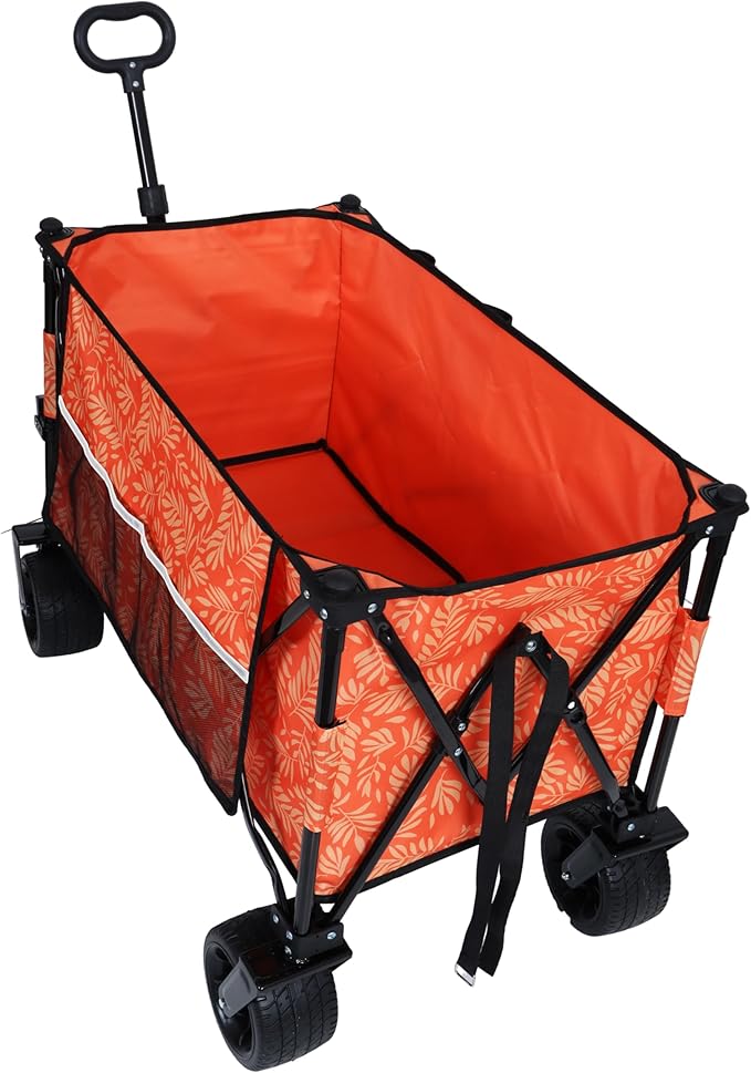 Collapsible Foldable Extended Wagon with 480lbs Weight Capacity, Heavy Duty Folding Utility Garden Cart with Big All-Terrain Beach Wheels & Drink Holders,Side Pocket and Brakes for Camping Sports