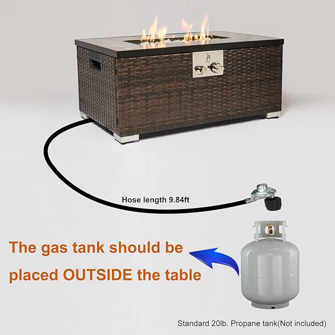 32'' Propane Fire Pit Table, Marble Textured Ceramic Tabletop, 50,000 BTU Fire Table with Brown Wicker, Mix Color Glass Rocks, Lid&Cover, Rectangle, Tank Required to Be Kept Outside.