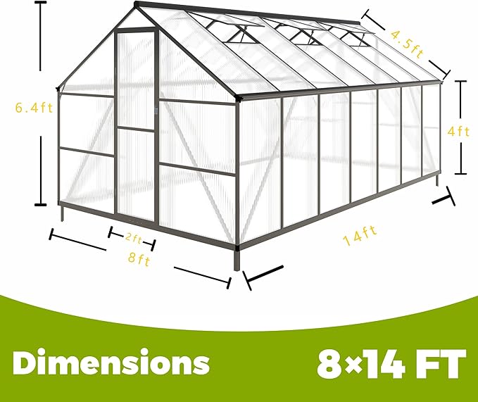 8 x 14 FT Aluminum Large Walk-in Greenhouse for Outdoors, Gray Polycarbonate Garden