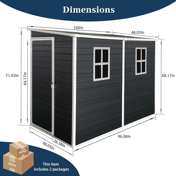 4x8 FT Lean to Shed, Resin Storage Sheds Outdoor with Floor, Plastic Sheds & Outdoor Storage Clearance with 2 Windows, Backyard Storage Sheds for Garden Tools, Bicycle, Gift for Dad