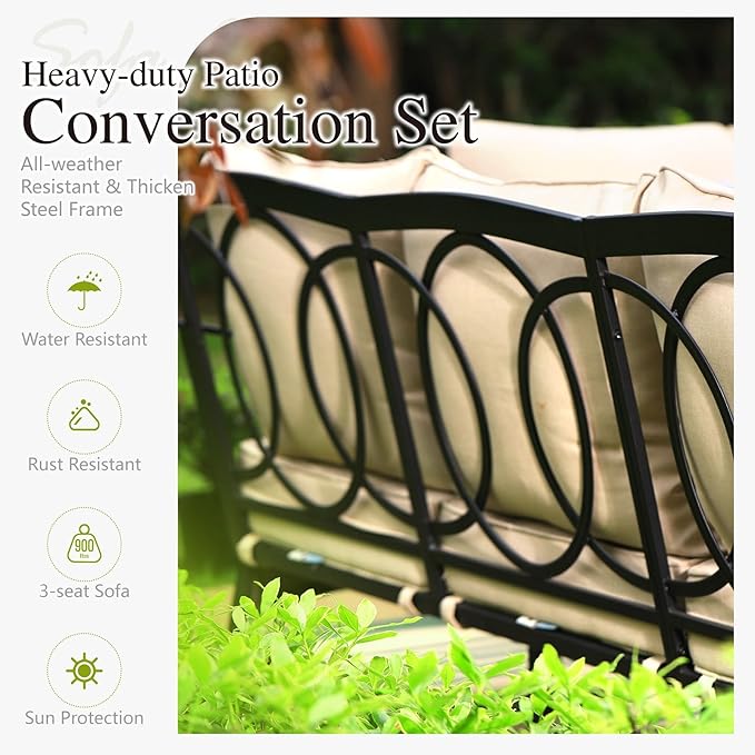 Sophia & William Patio Furniture Set with 32" Fire Pit Table, 3-Seater Sofa, 2 Sofa Chairs, 2 Ottoman, 7 Seats Outdoor Metal Conversation Sets for Seating Lawn Garden Backyard, Beige