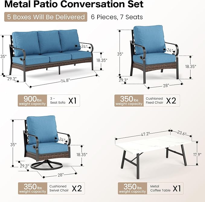 SUNSHINE VALLEY 6 Piece Metal Outdoor Patio Furniture Set, Patio Conversation Set with Swivel Chair and 5.75" Thick Cushion & Coffee Tabl, Outdoor Seating Black Frame Backyard Furniture, Denim Blue