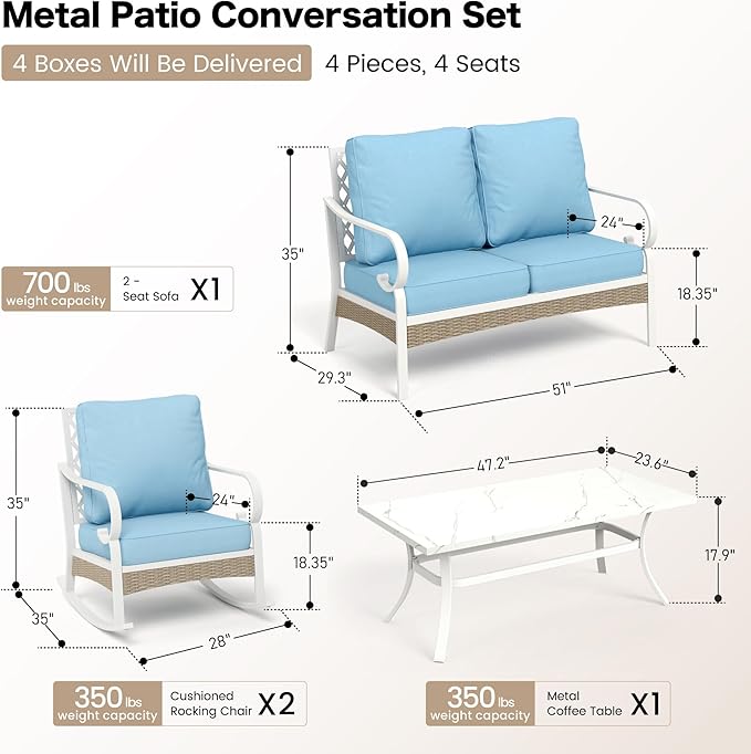 SUNSHINE VALLEY 4 Piece Metal Outdoor Patio Furniture Sets, Patio Conversation Sets 1 2-seater Sofa, 2 Single Sofa with 5.75" Extra Thick Cushion and Coffee Table, White Frame Backyard Furniture, Blue