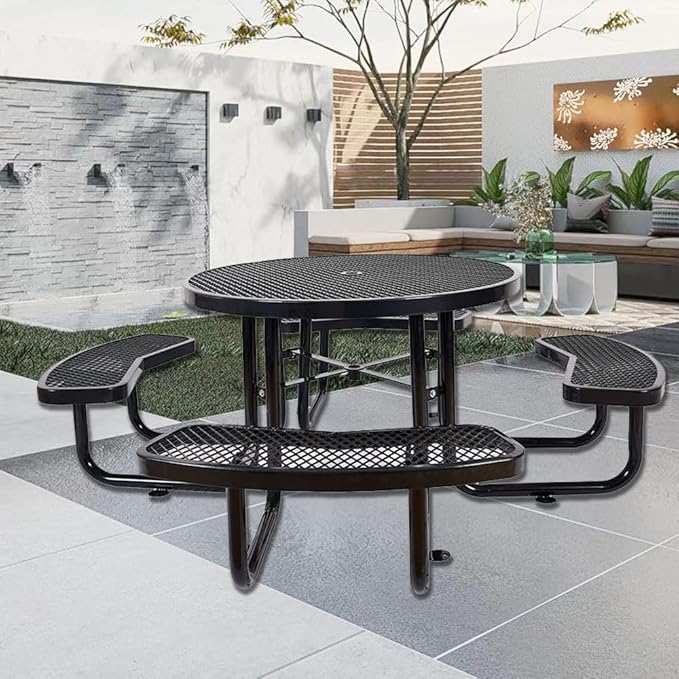 KUFUH 46" Round All Metal Picnic Table for 4-8 Person, Durable Heavy Duty Commercial Picnic Table with Umbrella Hole for Outdoor Coffee Shop, School, Easy to Assemble, Black