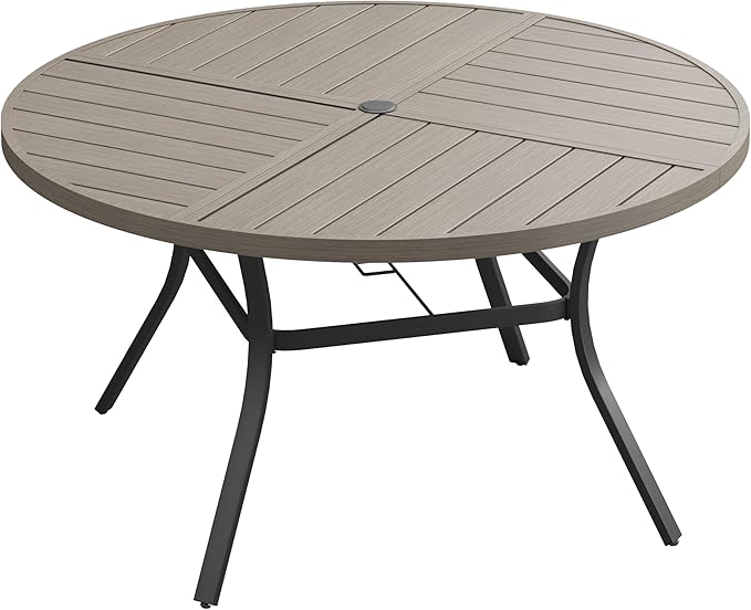 VICLLAX Round Patio Dining Table, 6 Person Metal Outdoor Dining Table with Umbrella Hole and Storage Shelf for Garden Lawn Deck, 50" Grey