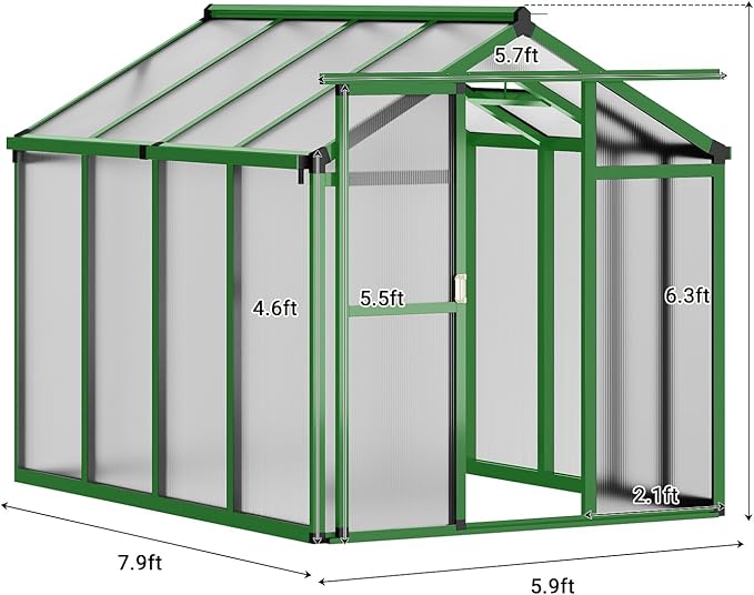 Greenhouse, 6x8 FT Greenhouse for Outdoors, Walk-in Green House with Ground Nails and Vent Windows, Sliding Lockable Door, Polycarbonate Greenhouses for Outside Garden Backyard, Quick Setup, Green