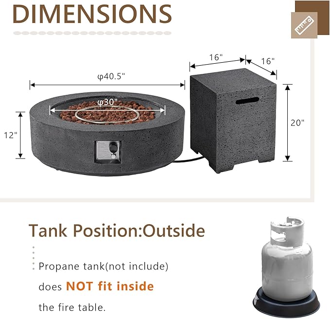 COSIEST 42 inch Outdoor Propane Fire Pit Coffee Table w Concrete Round Base Patio Heater, Certified, 50,000 BTU Stainless Steel Burner, Free Lava Rocks, Rain Cover, Tank Cover, Gray