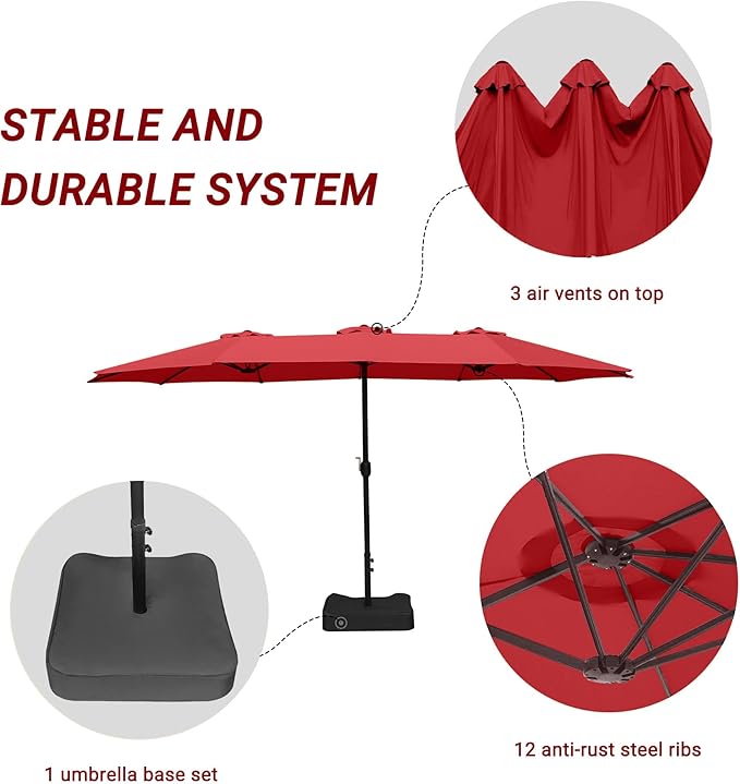 Bigroof 15ft x 9ft Patio Double-Sided Umbrella with Base & Crank, Extra Large Rectangular Outdoor Umbrella for Patio, Lawn & Garden, Beige