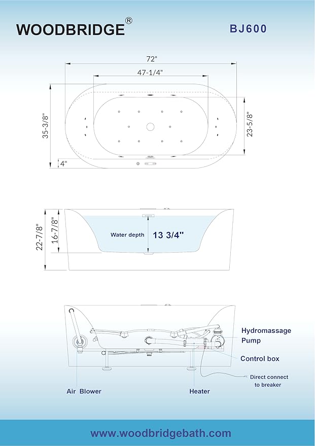 WOODBRIDGE 72" x 35-3/8" Whirlpool and Air Bath Heated Soaking Combination Tub with Adjustable Speed Air Blower and Display Control Panel,BJ-600