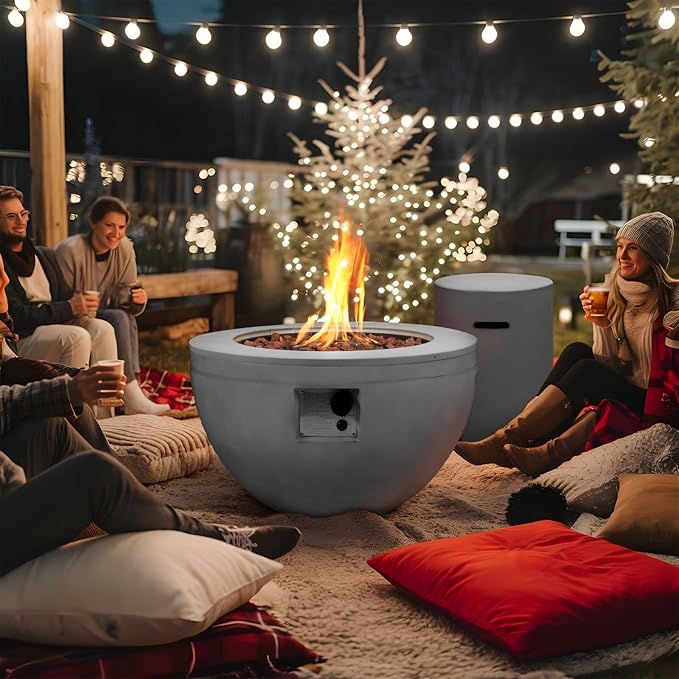 Round Propane Fire Pit,30 Inch Outdoor Fire Pit Table w Tank Cover,2-Piece 40,000 BTU Gas Concrete Firepit for Patio w Lava Rocks/Rain Cover,Fireplace for Backyard & Deck