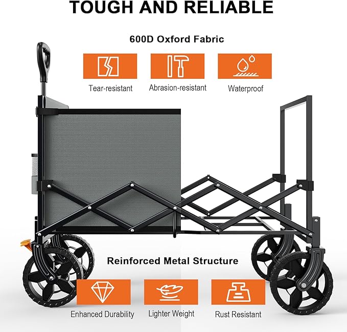 Navatiee 140L Wagon Cart Foldable, Large Capacity Collapsible Wagon with Smallest Folding Design, Utility Grocery Cart for Camping Shopping Sports, Gray