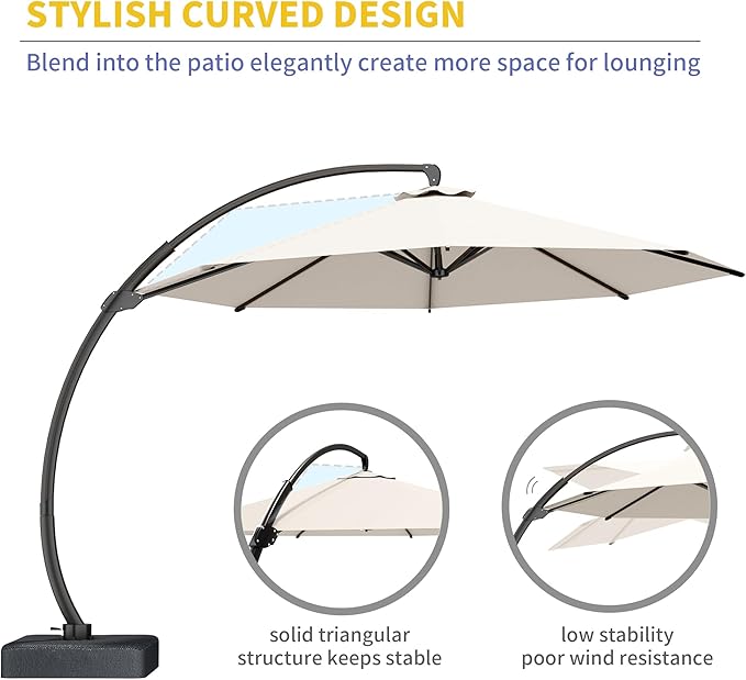 Kingdura 12ft Cantilever Patio Umbrella with Base Included, Large Round Offset Outdoor Pool Umbrella, 360° Rotation & Infinite Tilt, Heavy Duty Aluminum Frame for Deck Backyard, Creamy White