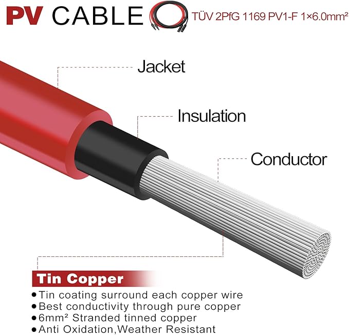 Solar Panel Extension Cable Kit - 10AWG (6mm) Weatherproof Tinned Copper Wire Adapter - 15 Feet Black + 15 Feet Red