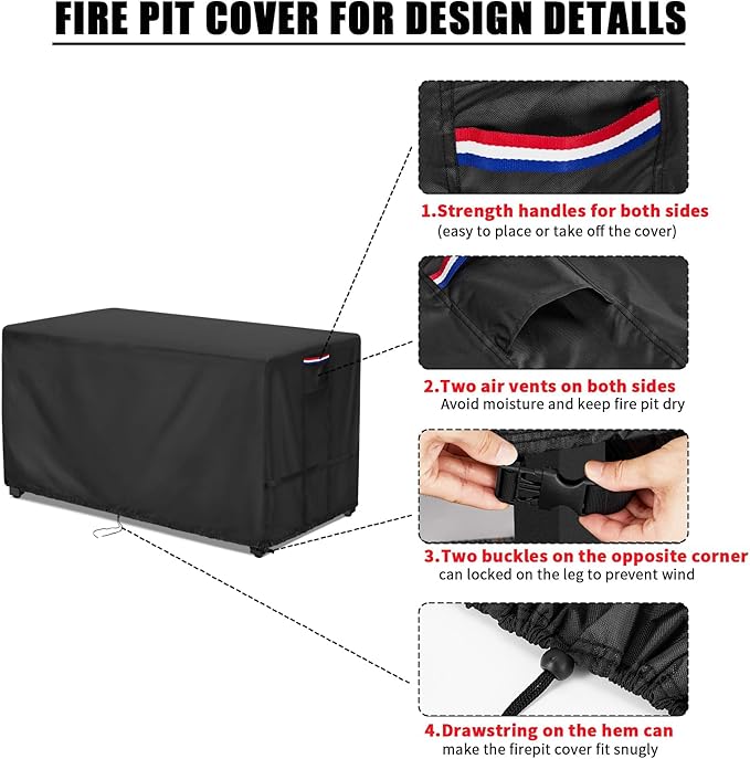 Fire Pit Cover Rectangular 45 Inch - Waterproof Outdoor Fire Table Cover Rectangle Heavy Duty, 600D Patio Propane Gas Firepit Cover Rectangular Tear Weather Resistant - 45 x 22 x 25 Inch