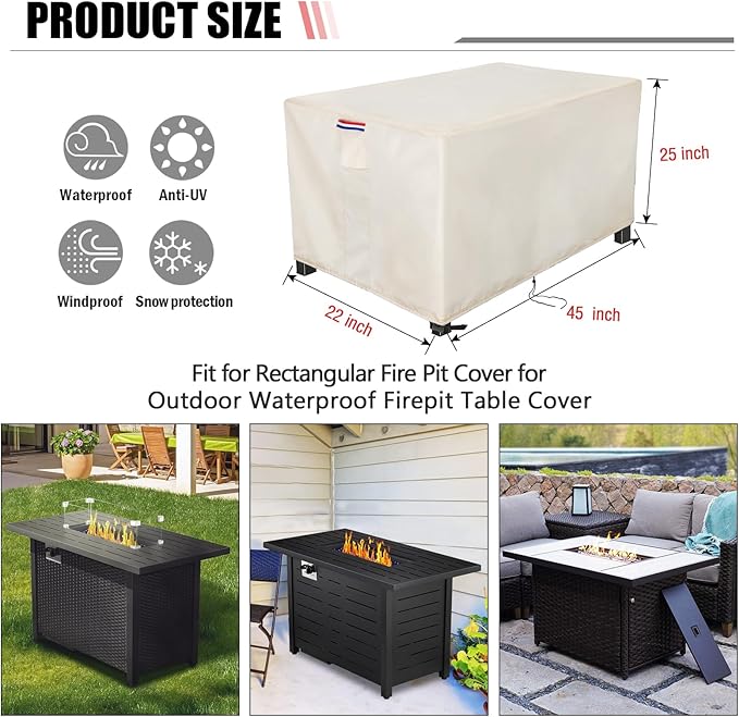 Fire Pit Cover Rectangular 45 Inch - Waterproof Outdoor Fire Table Cover Rectangle Heavy Duty, 600D Patio Propane Gas Firepit Cover Rectangular Tear Weather Resistant - 45 x 22 x 25 Inch Beige
