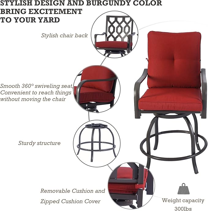 Kozyard Isabella Outdoor Patio High Swivel Bar Stools/Chairs,Counter Height Tall Patio Swivel Chairs, for Bistro Set for 2, Backyard, Cafes, Bistro, Restaurants and Chic Bars (Burgundy)