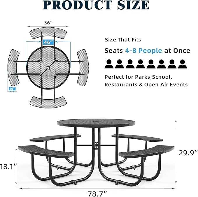 dafrigic 46" Round All Weather Resistant Commercial Picnic Table for Outdoors, Heavy Duty Picnic Table up to 4600 lbs with Umbrella Hole for School, Warehouse, Coffee Shop, Black