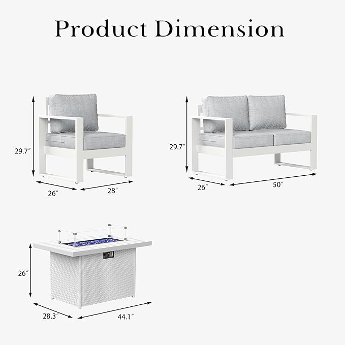 LayinSun 4 Pieces Aluminum Outdoor Patio Furniture Set, Metal Modern Conversation Sofa Set with Fire Pit Table and Washable Thick Cushions for Porch, Backyard, Deck