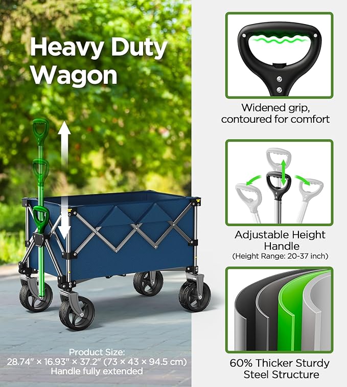 Collapsible Folding Wagon Cart with Large Wheels & 150L Capacity | Heavy-Duty Foldable Utility Wagon for Groceries, Camping, Beach, Sports & Garden Use | Compact Storage, No-Tool Setup-Blue