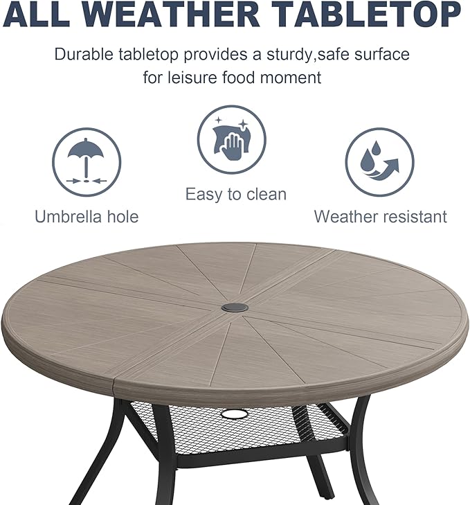 VICLLAX Round Patio Dining Table, 4 Person Aluminum Outdoor Dining Table with Umbrella Hole and Storage Shelf for Garden Lawn Deck, 40.6" Grey