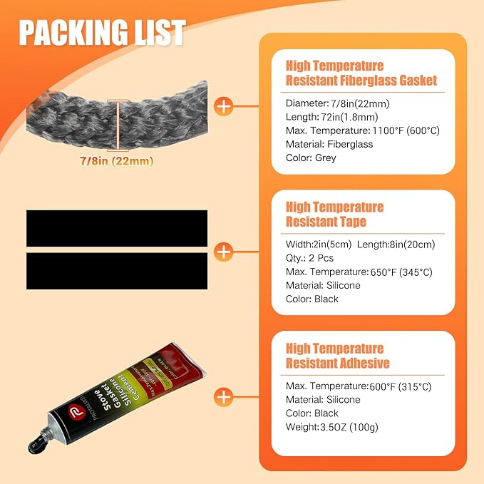 Protalwell Wood Stove Gasket, 7/8" Wood Stove Door Gasket Kit, Gasket Rope Replacement for Stove or Fireplace Doors, Grey Color Fiberglass Gasket