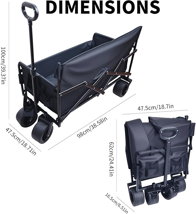 Collapsible Folding Wagon, Foldable Beach Wagon Cart with 300L Storage Collapsible 330LBS Folding Cart Adjustable Handle, Outdoor Utility Wagon for Groceries, Camping, Sports, Shopping(Black)
