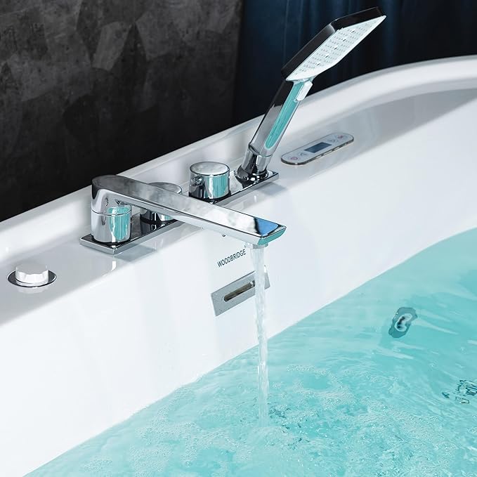 WOODBRIDGE 72" x 35-3/8" Whirlpool and Air Bath Heated Soaking Combination Tub with Adjustable Speed Air Blower, Tub Filler and Display Control Panel, White,BJ-500+F0041