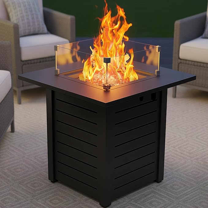28 Inch Outdoor Propane Fire Pit,50,000 BTU Gas Firepit Table with Steel Lid,304 Stainless Steel H-Burner,Lava Rocks and Wind Guard,Fire Pits for Outside Patio Deck Garden,Black