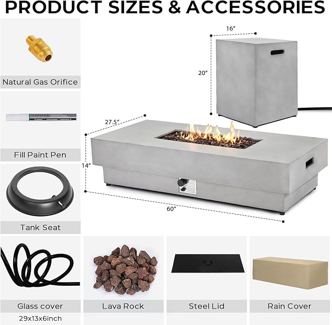 60 Inch Outdoor Propane Fire Pit Table with Tank Cover, 50,000 BTU Natural Gas Firepit for Outside Patio Rectangular Concrete Fire Table with Steel Lid, Lava Rock, Rain Cover