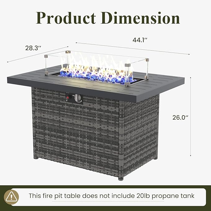 Propane Fire Pit Table, 44" Outdoor Gas Fire Pit with Glass Wind Guard & Waterproof Cover