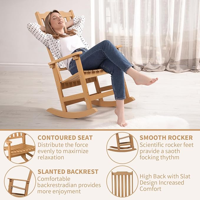 Outdoor Rocking Chair, Oversized All Weather High Back Porch Rocker, Patio Rockers for Outside