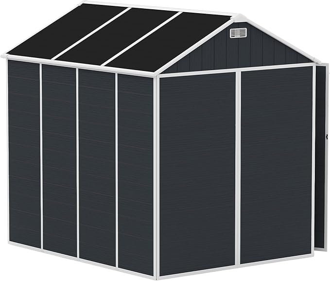 Outdoor Storage Shed 7.5x7 FT, Resin Shed with Floor & Window, Lockable Door, Vents, Outside Sheds & Garden Shed for Patio Furniture, Gardening Tools, Pool Equipment (Dark Gray, 7.5 * 7ft)