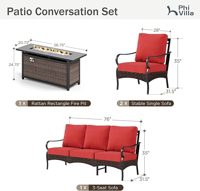 PHI VILLA Patio Furniture Set with 56" Fire Pit Table, Premium Outdoor Wicker Metal Frame Furniture with Upgraded Waterproof Thick Cushions for Porch, Poolside, Deck, and Yard （4 Pieces,Red