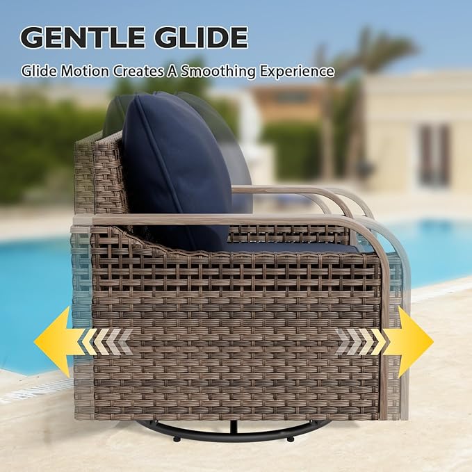 EAGLE PEAK Modern Wicker Outdoor Glider Rocking Chair, Swivel Rocker, Rattan Patio Furniture for Yard Deck Porch Garden, 4 Chairs, Brown/Blue