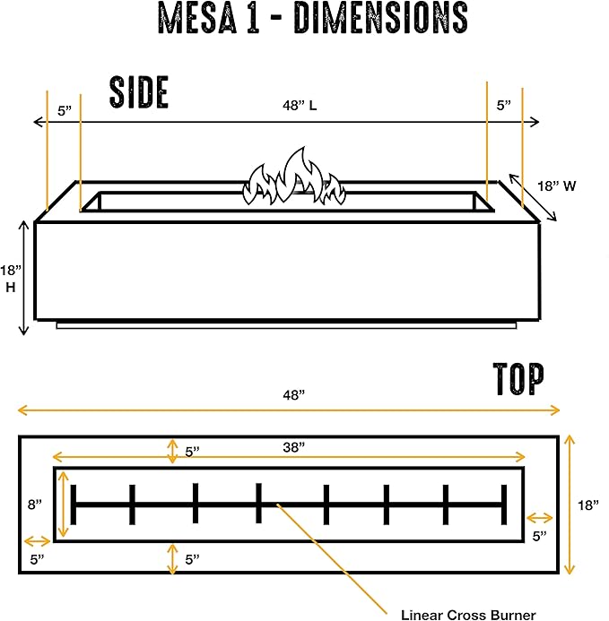48" Premium “Mesa 1" Concrete Fire Bowl - Heavy Cement Rectangle Natural Gas Fire Pit - Square Outdoor Fire Table with Key Valve GFRC (48” L x 18” W x 18” H) (Ivory White)
